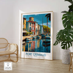 Port Grimaud Poster - French Riviera Travel Print - France Wall Art featuring colorful buildings and boats.