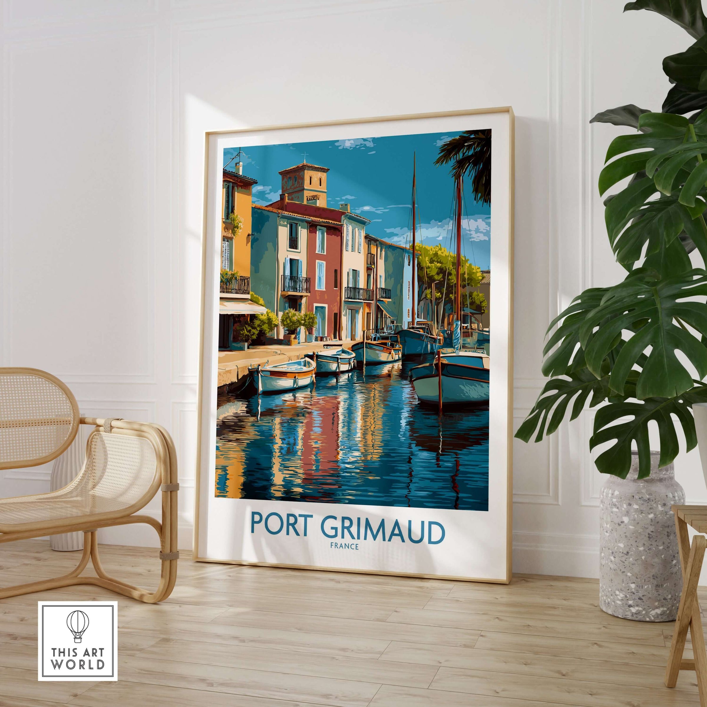 Port Grimaud Poster - French Riviera Travel Print - France Wall Art featuring colorful buildings and boats.