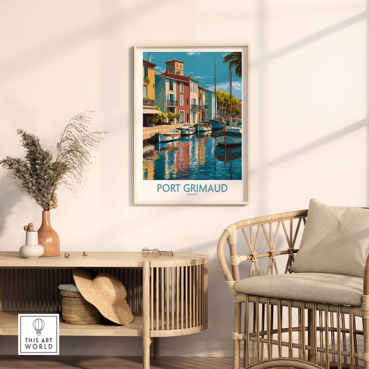 Port Grimaud poster featuring boats and colorful buildings, enhancing French Riviera décor in a stylish living space.