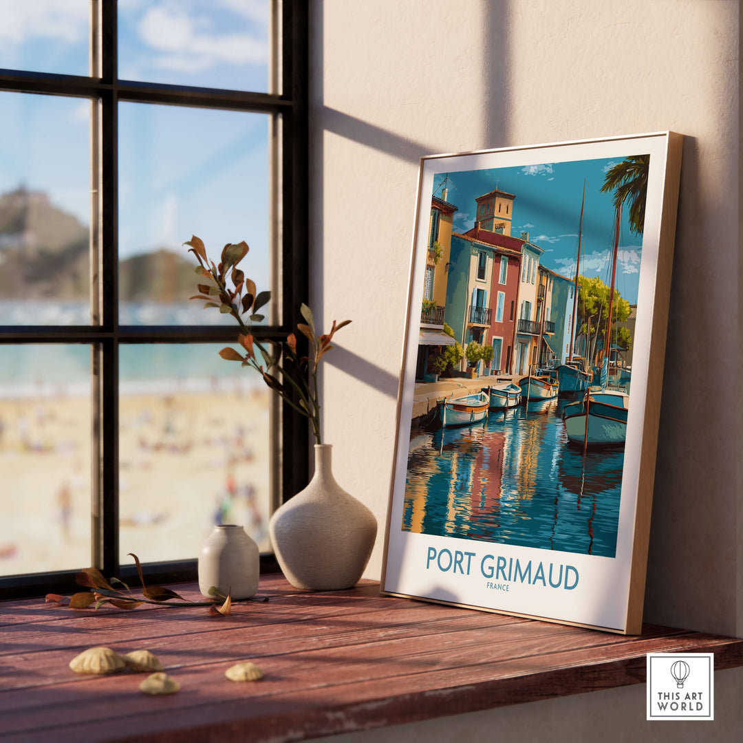 Port Grimaud poster showcasing vibrant boats and buildings, depicting French Riviera charm in stylish decor.