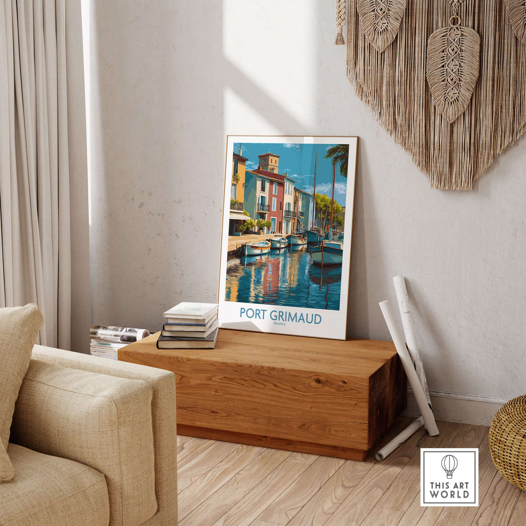 Port Grimaud poster showcasing vibrant boats and buildings in a stylish living room setting, perfect for French Riviera decor.