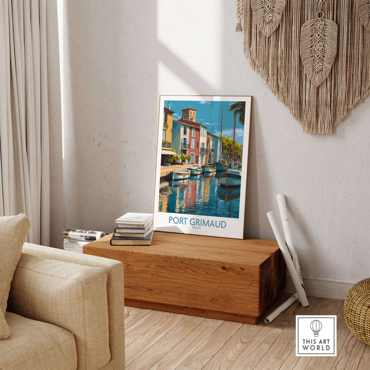 Port Grimaud poster showcasing vibrant boats and buildings in a stylish living room setting, perfect for French Riviera decor.