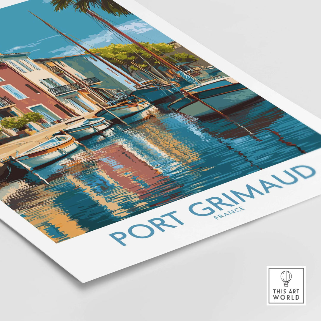 Port Grimaud poster featuring scenic boats and colorful buildings in the French Riviera, a vibrant travel print for wall art.