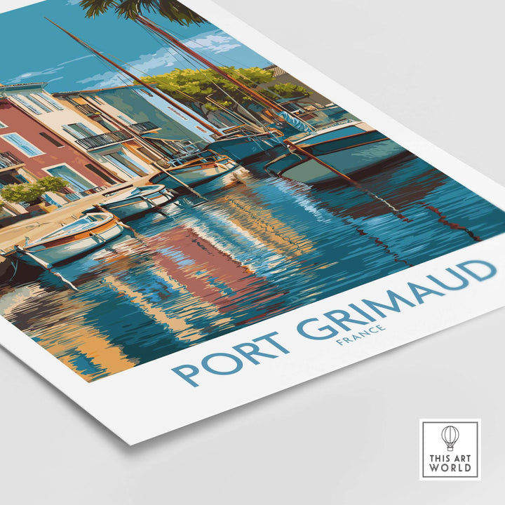 Port Grimaud poster featuring scenic boats and colorful buildings in the French Riviera, a vibrant travel print for wall art.