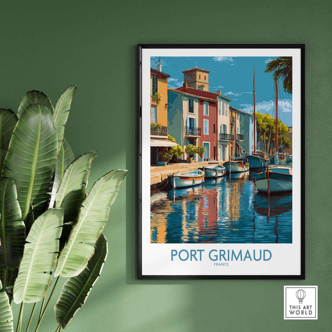 Port Grimaud poster featuring colorful boats and waterfront buildings in a chic wall art design, perfect for travel decor.