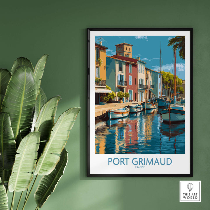 Port Grimaud poster featuring colorful boats and waterfront buildings in a chic wall art design, perfect for travel decor.