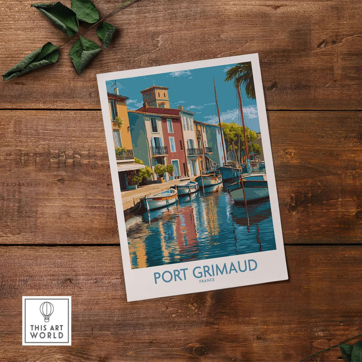 Port Grimaud poster showcasing colorful buildings and boats in a calm harbor, capturing the essence of the French Riviera.
