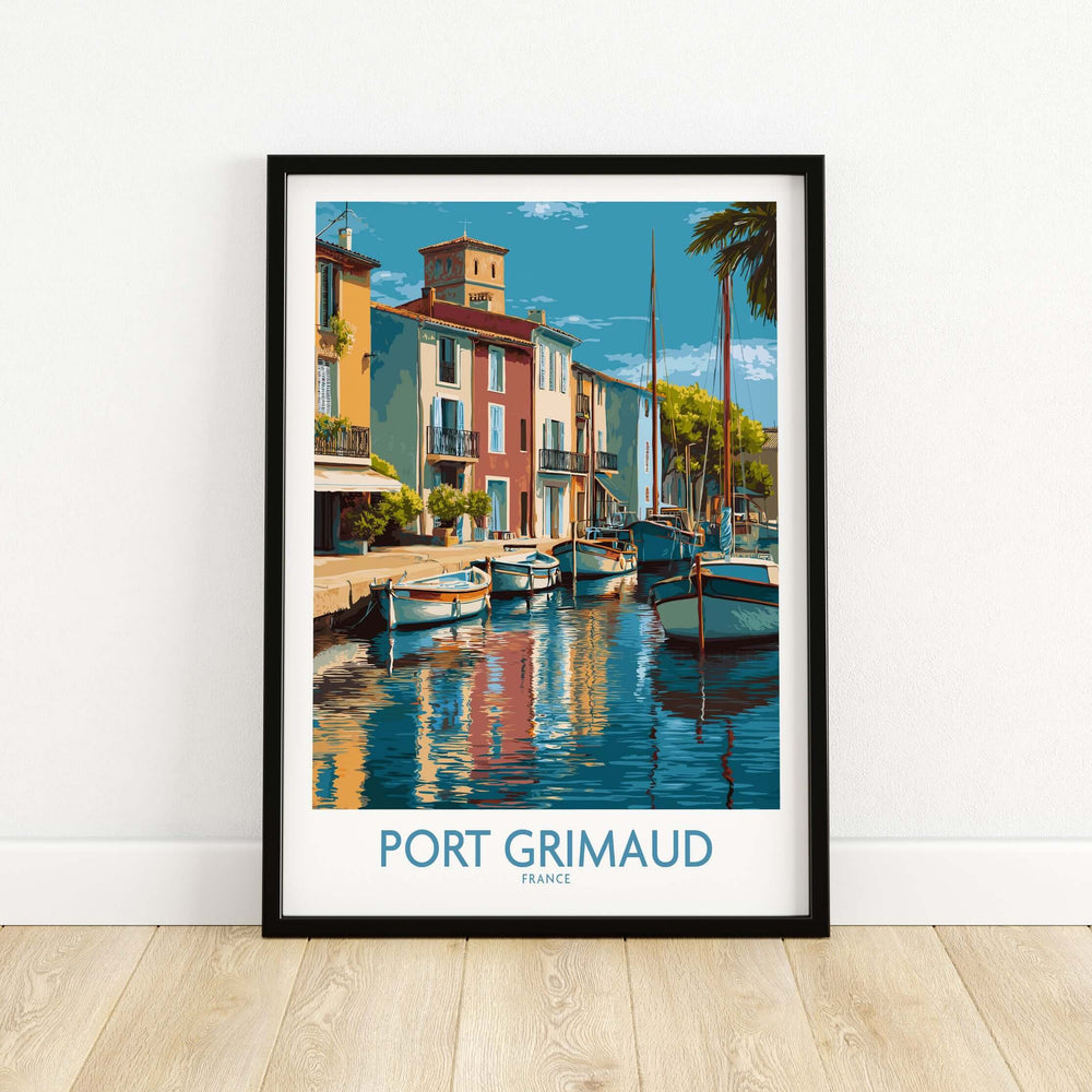 Port Grimaud poster featuring vibrant boats and colorful buildings in France, capturing the beauty of the French Riviera.