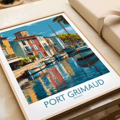 Port Grimaud Poster - French Riviera Travel Print - France Wall Art featuring colorful boats and buildings in a coastal setting.