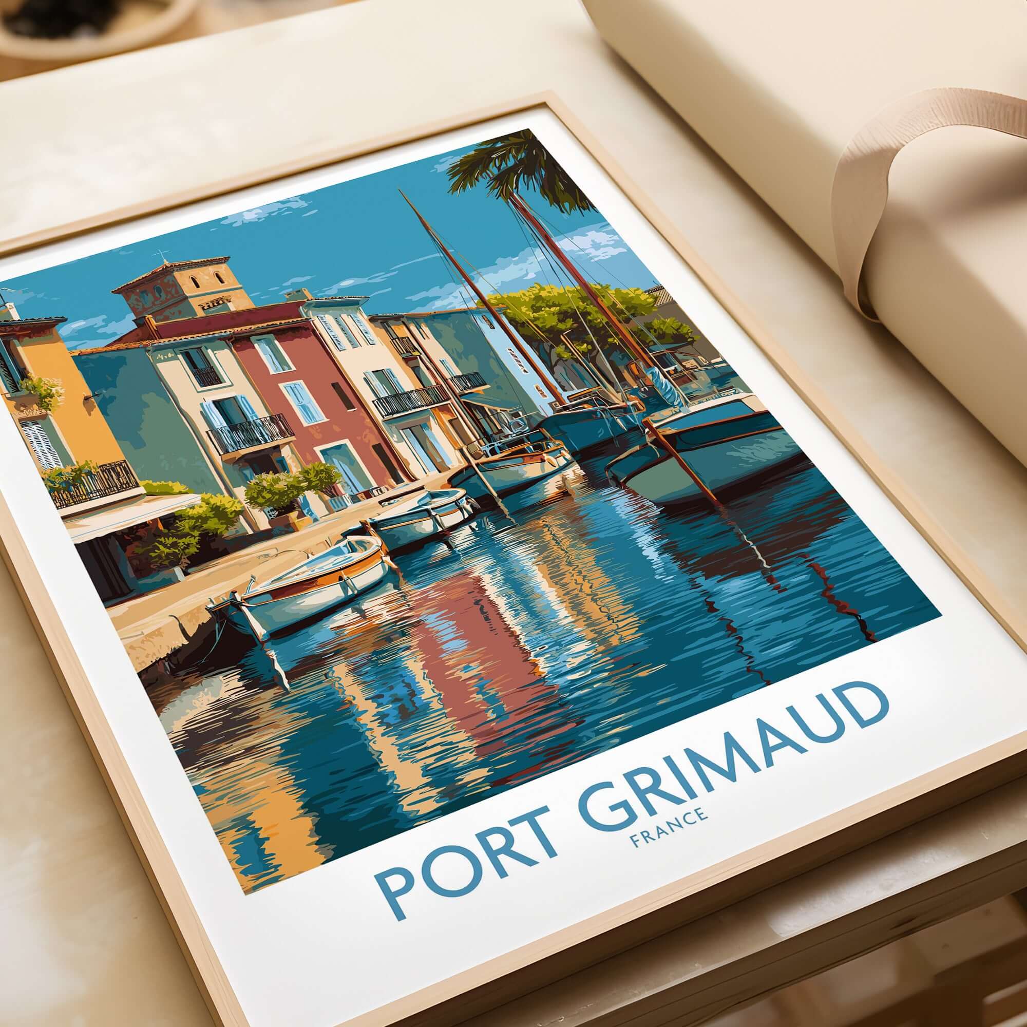 Port Grimaud Poster - French Riviera Travel Print - France Wall Art featuring colorful boats and buildings in a coastal setting.