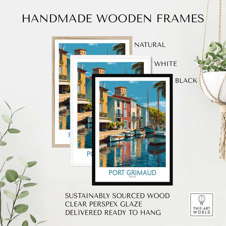 Port Grimaud poster in handmade wooden frames, featuring scenic boats and buildings from the French Riviera.