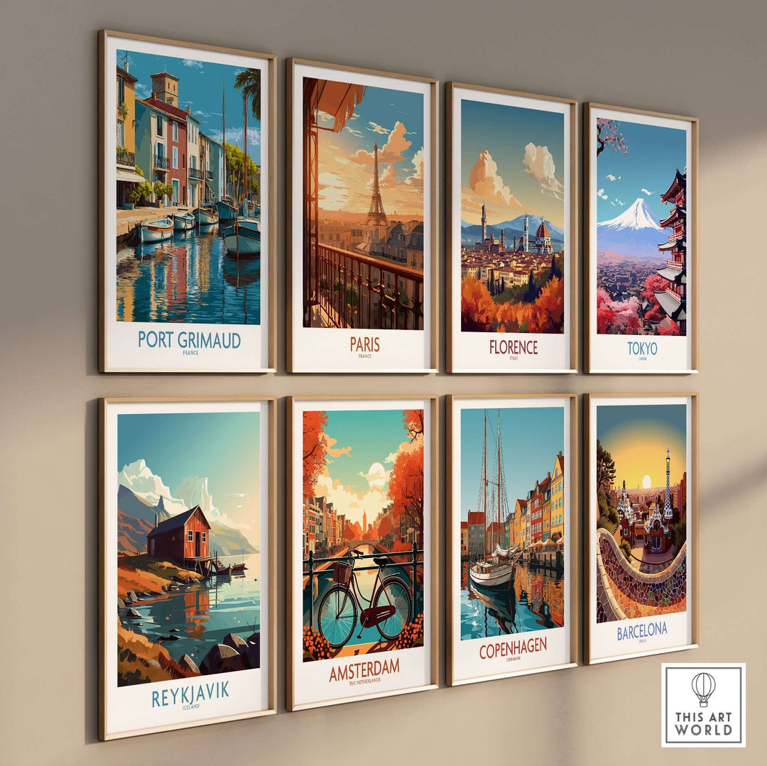 Collection of vintage travel posters featuring Port Grimaud, Paris, Florence, Tokyo, Reykjavik, Amsterdam, Copenhagen, and Barcelona.