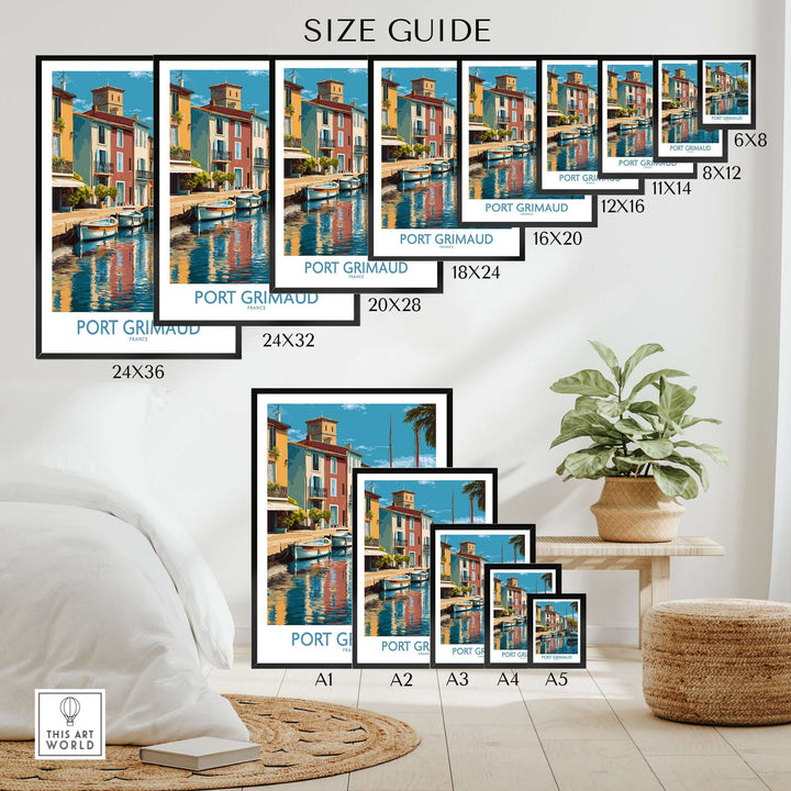 Size guide for Port Grimaud Poster prints featuring vibrant coastal imagery and various dimensions.