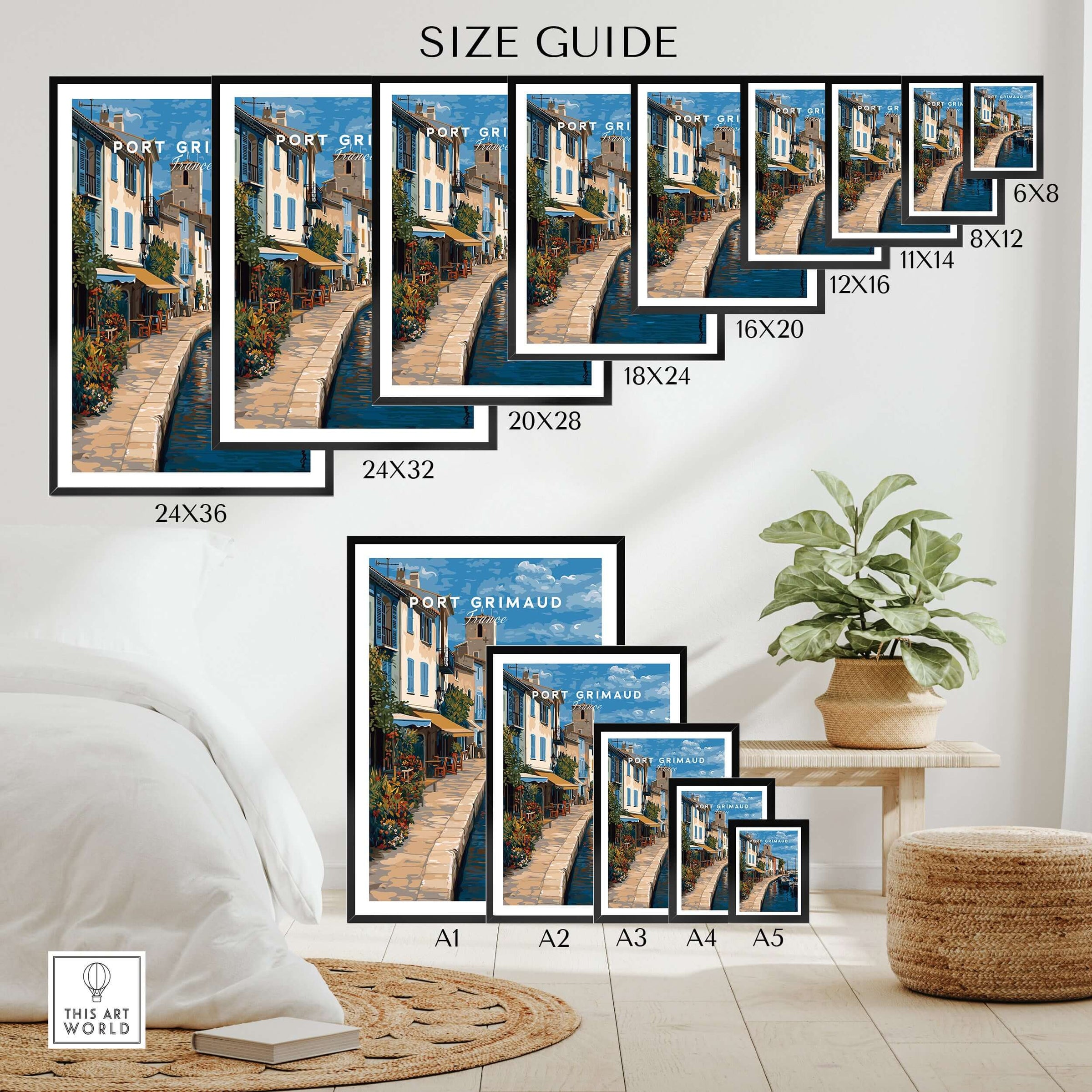 Port Grimaud Poster - Venice of Provence Wall Art - Colorful Buildings and Canal Print size guide with framed options.