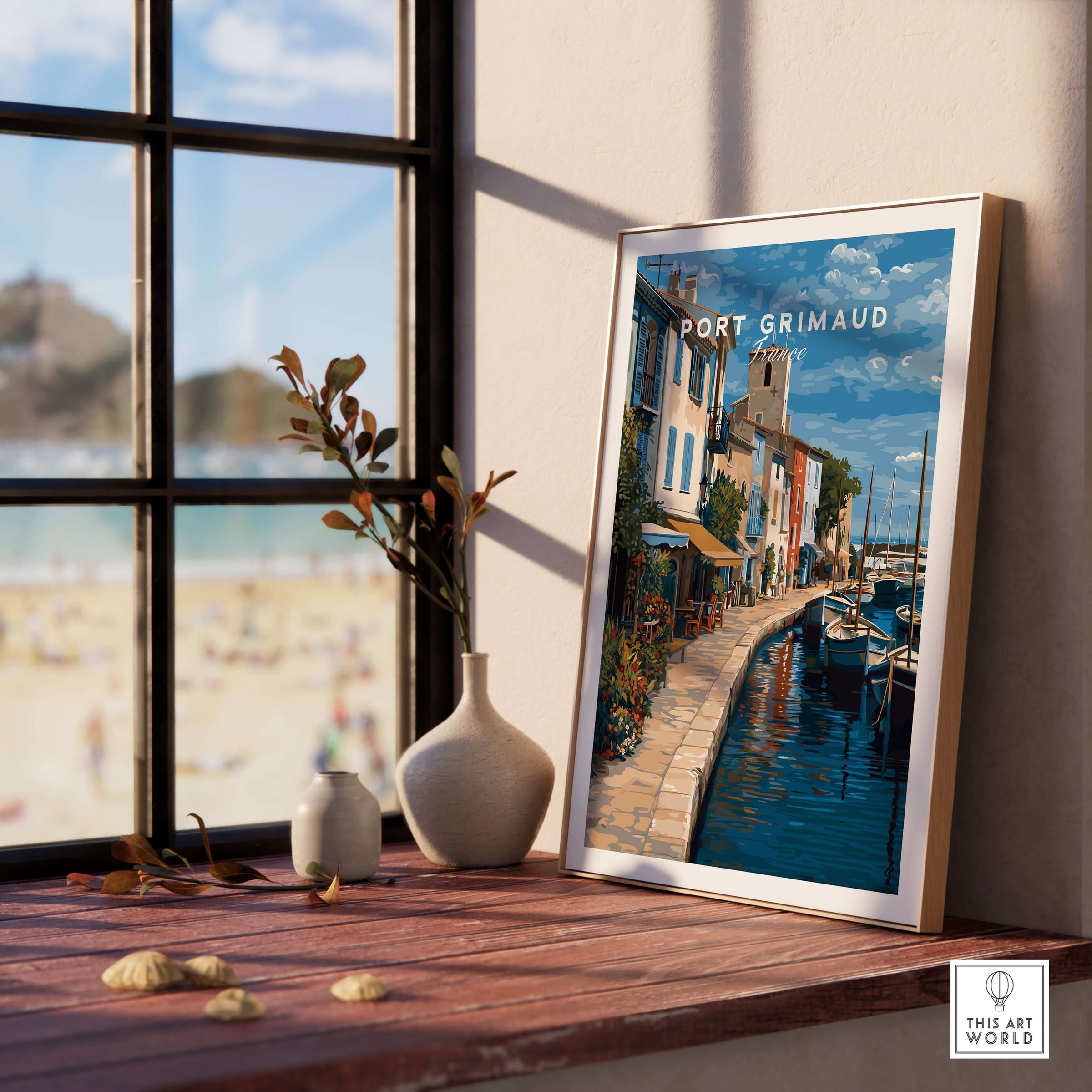Port Grimaud Poster - Venice of Provence Wall Art - Colorful Buildings and Canal Print displayed in a bright room.