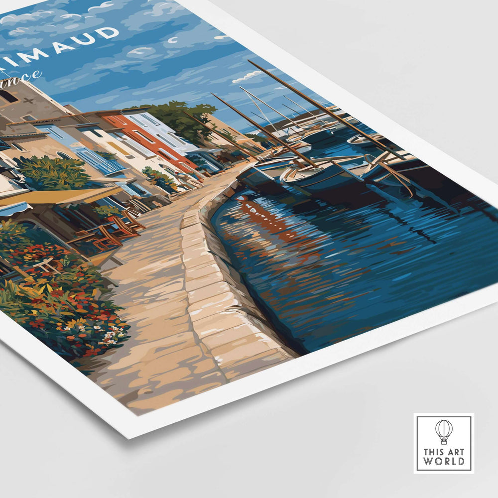 Colorful Port Grimaud poster showcasing a canal and buildings in Provence, perfect wall art for Mediterranean lovers.