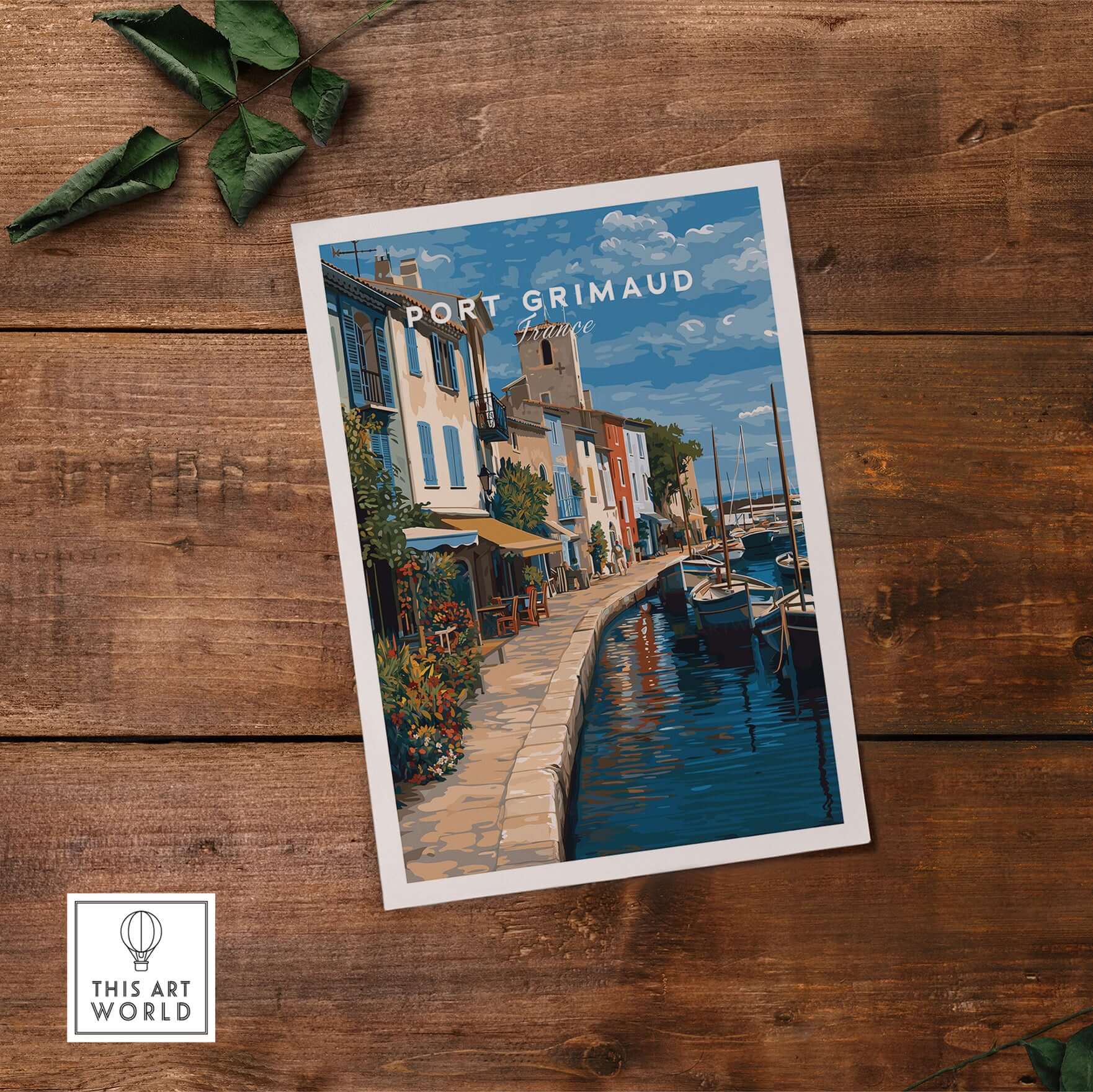 Port Grimaud Poster - Venice of Provence Wall Art - Colorful Buildings and Canal Print on wooden background