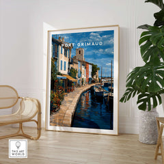 Port Grimaud Poster - Venice of Provence Wall Art - Colorful Buildings and Canal Print in a stylish interior setting.
