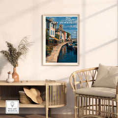 Port Grimaud Poster - Venice of Provence Wall Art - Colorful Buildings and Canal Print displayed in modern decor.