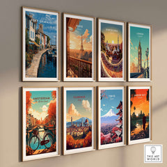 Port Grimaud Poster - Venice of Provence Wall Art - Colorful Buildings and Canal Print displayed among city posters on a wall.