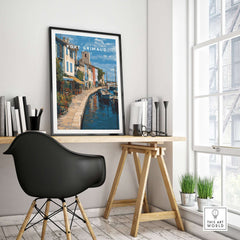 Port Grimaud Poster - Venice of Provence Wall Art - Colorful Buildings and Canal Print displayed in a stylish office setting.