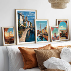 Port Grimaud Poster - Venice of Provence Wall Art - Colorful Buildings and Canal Print displayed in a cozy living room