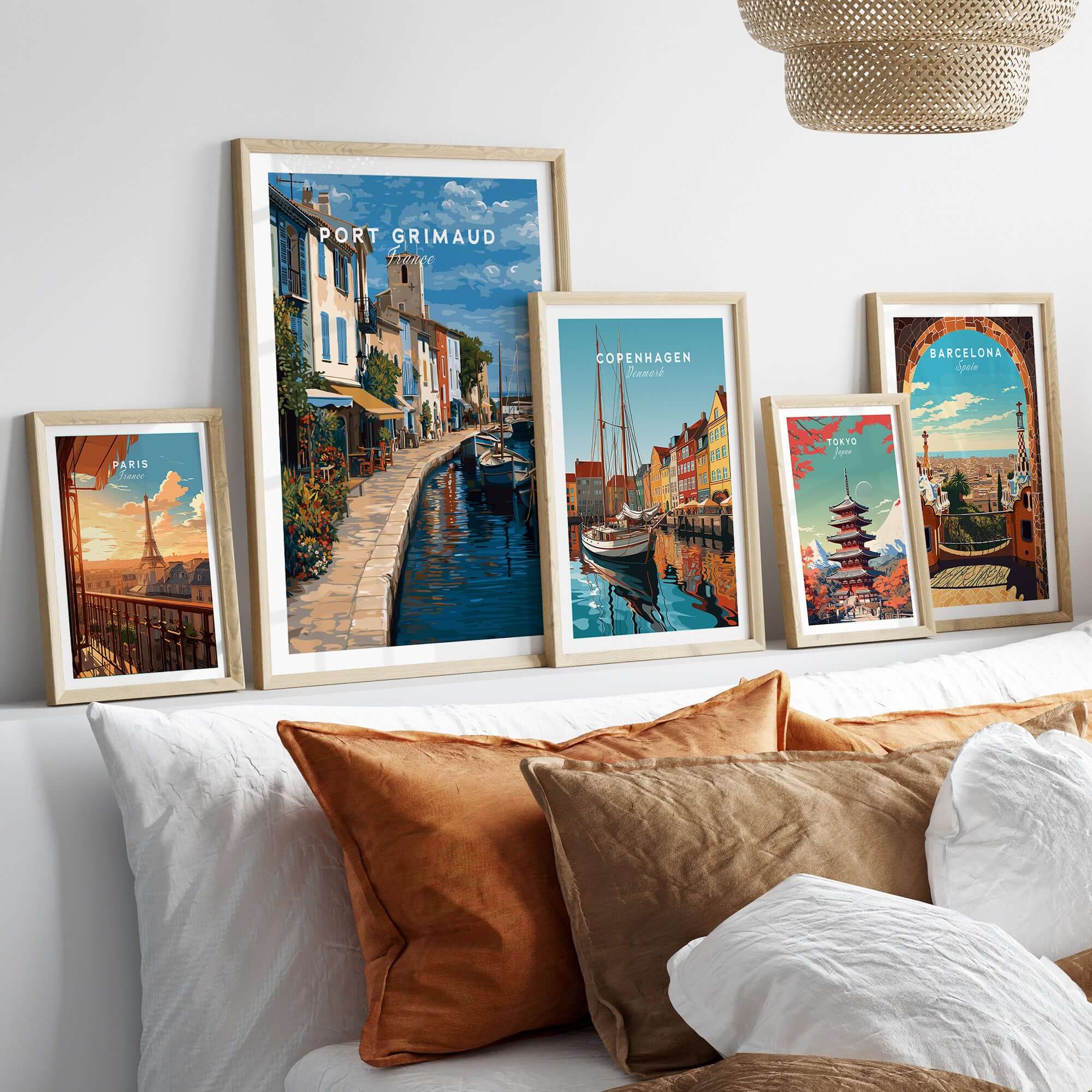 Port Grimaud Poster - Venice of Provence Wall Art - Colorful Buildings and Canal Print displayed in a cozy living room