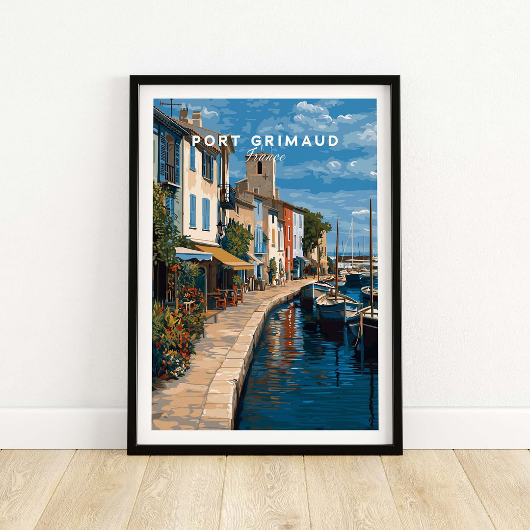 Port Grimaud poster featuring colorful buildings and serene canal, capturing the charm of the Venice of Provence.