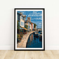 Port Grimaud Poster - Venice of Provence Wall Art - Colorful Buildings and Canal Print showcasing scenic waterfront.