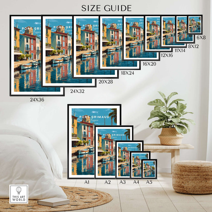 Size guide for Port Grimaud Village Art Print with various frame sizes and a cozy decor setting.