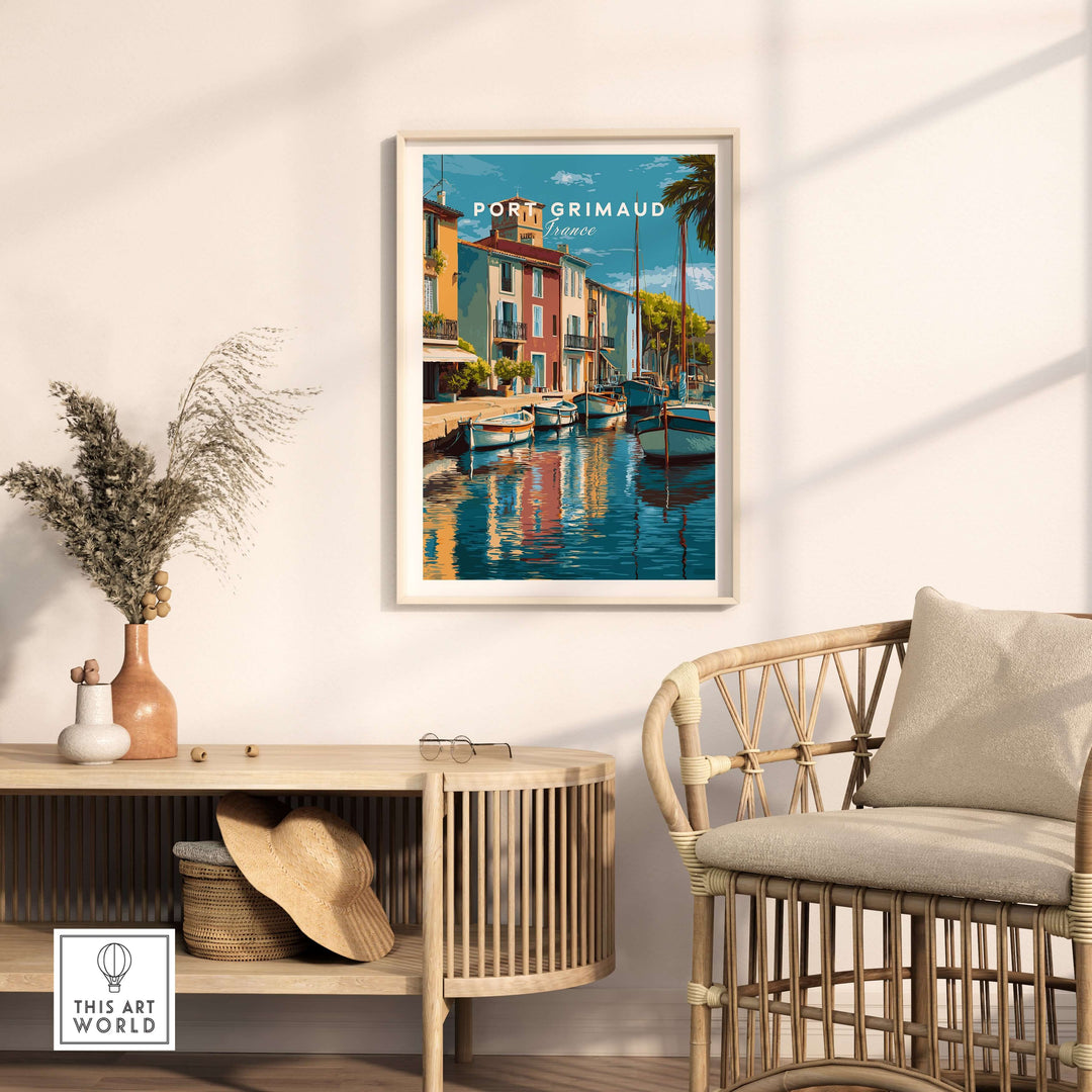 Port Grimaud Village art print in a modern setting highlighting reflections on water.