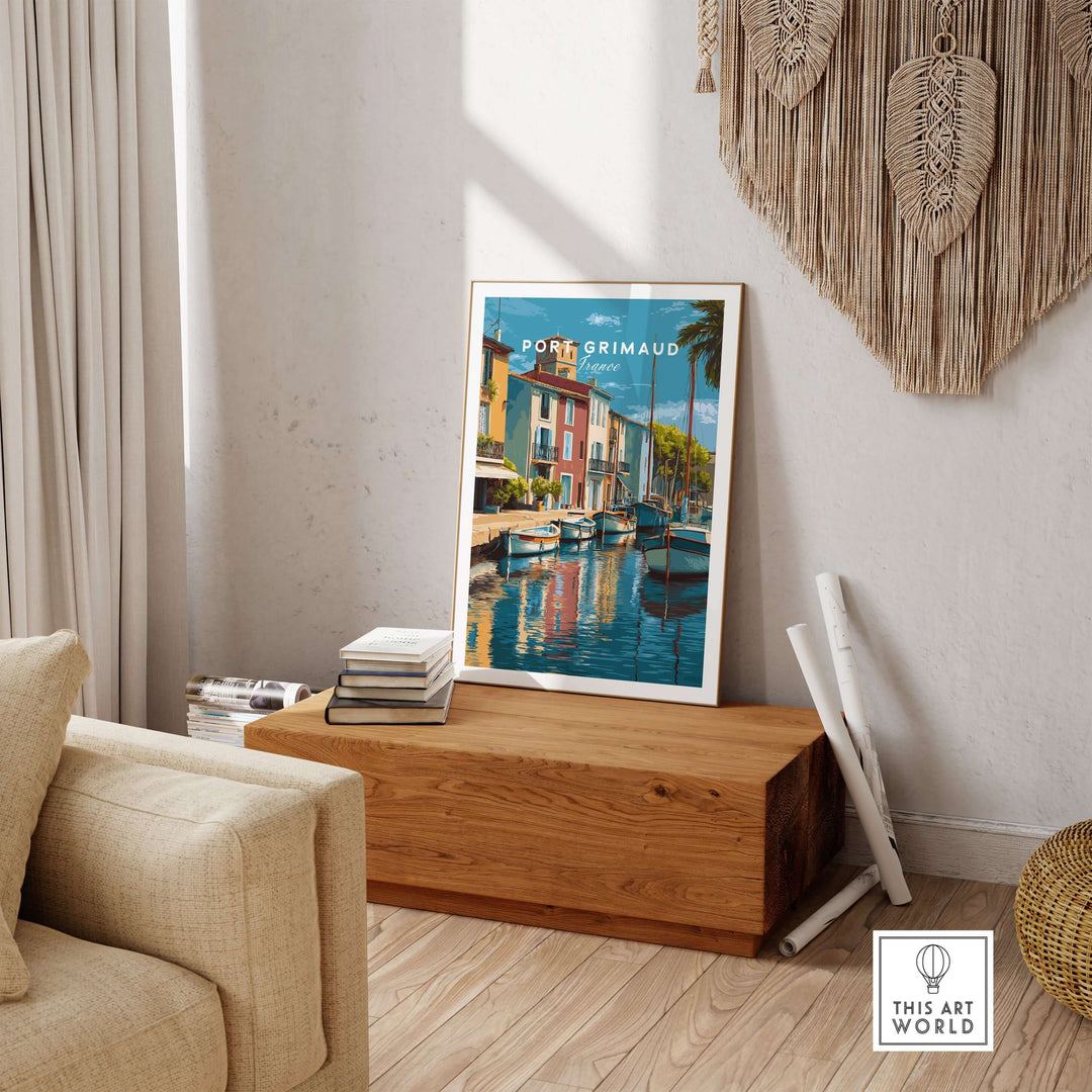 Port Grimaud village art print featuring colorful houses and water reflections, ideal for coastal decor.
