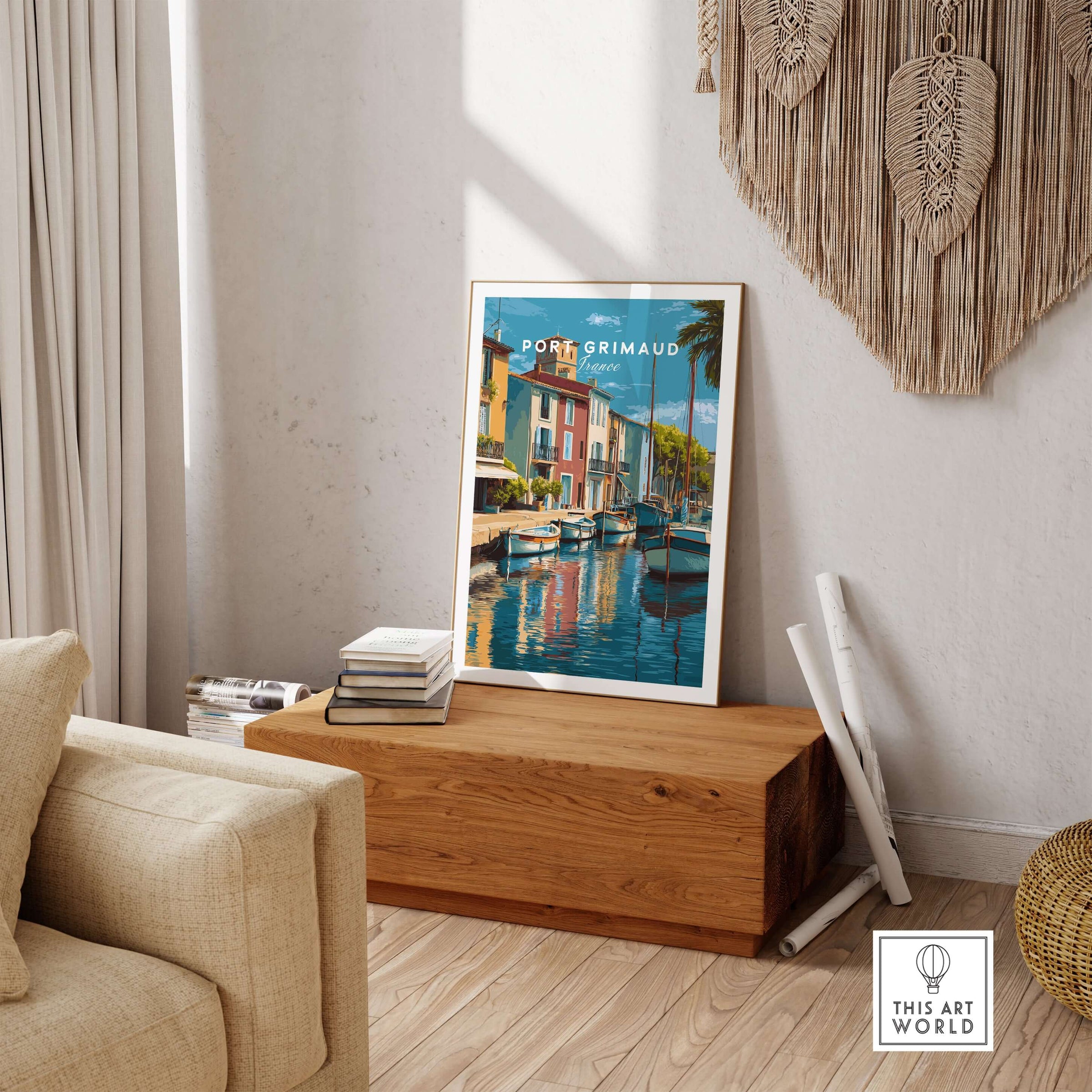 Port Grimaud Village Art Print - French Coastal Poster - Water Reflection Wall Decor displayed in a cozy living room.