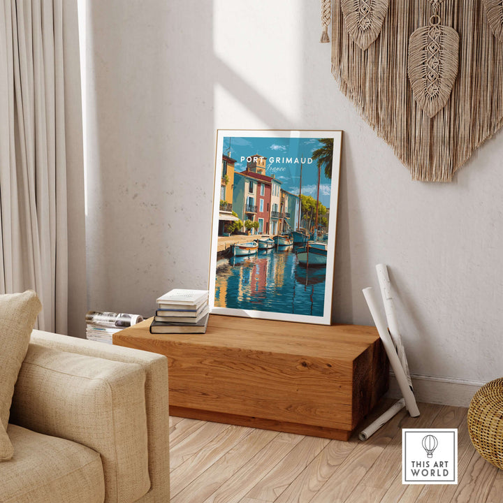 Port Grimaud village art print featuring colorful houses and water reflections, ideal for coastal decor.