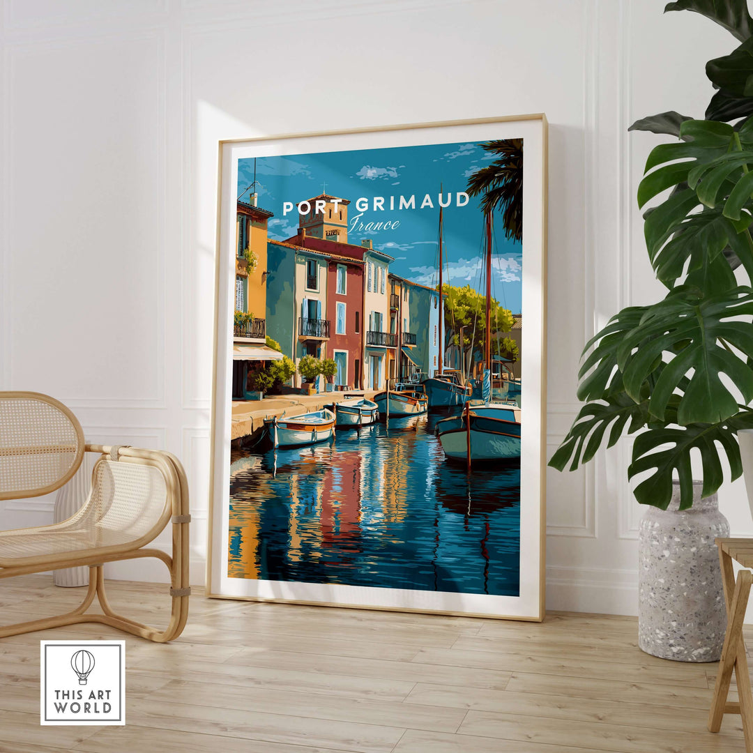 Port Grimaud art print showcasing colorful coastal houses and water reflections in a stylish interior setting.
