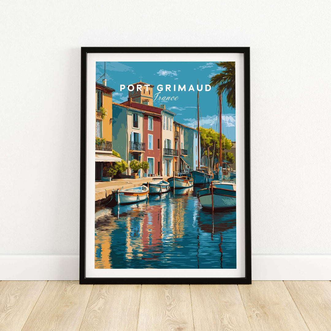 Port Grimaud village art print featuring colorful coastal buildings and serene water reflections.