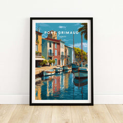 Port Grimaud Village Art Print - French Coastal Poster - Water Reflection Wall Decor showcasing serene coastal beauty.