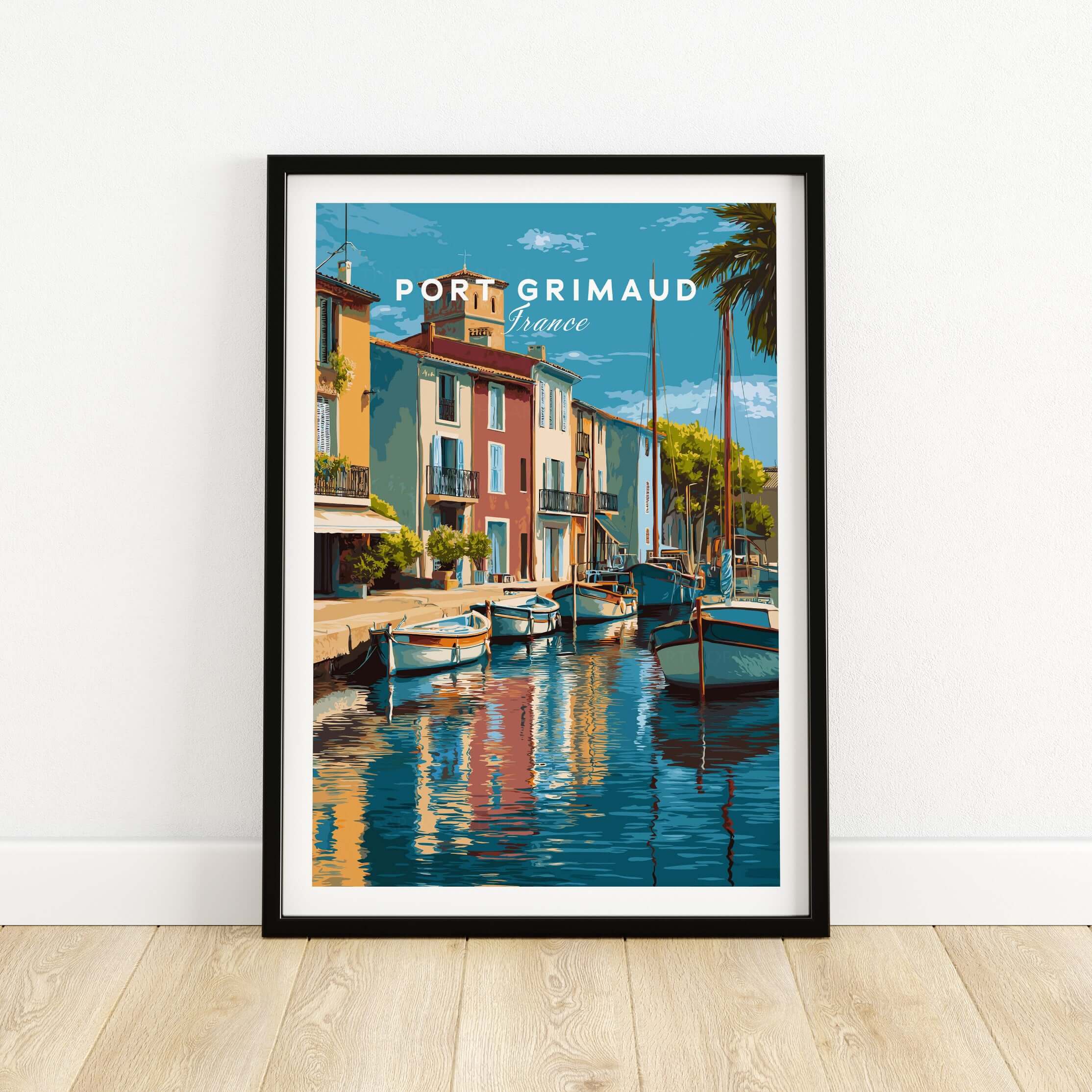 Port Grimaud Village Art Print - French Coastal Poster - Water Reflection Wall Decor showcasing serene coastal beauty.