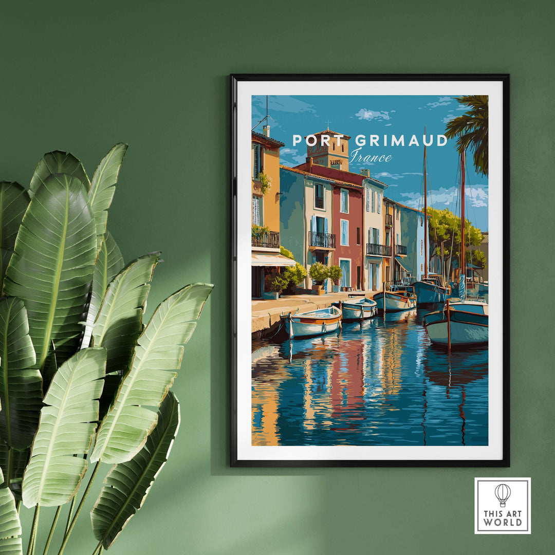 Port Grimaud village art print showcasing colorful buildings and water reflections, perfect coastal wall decor.