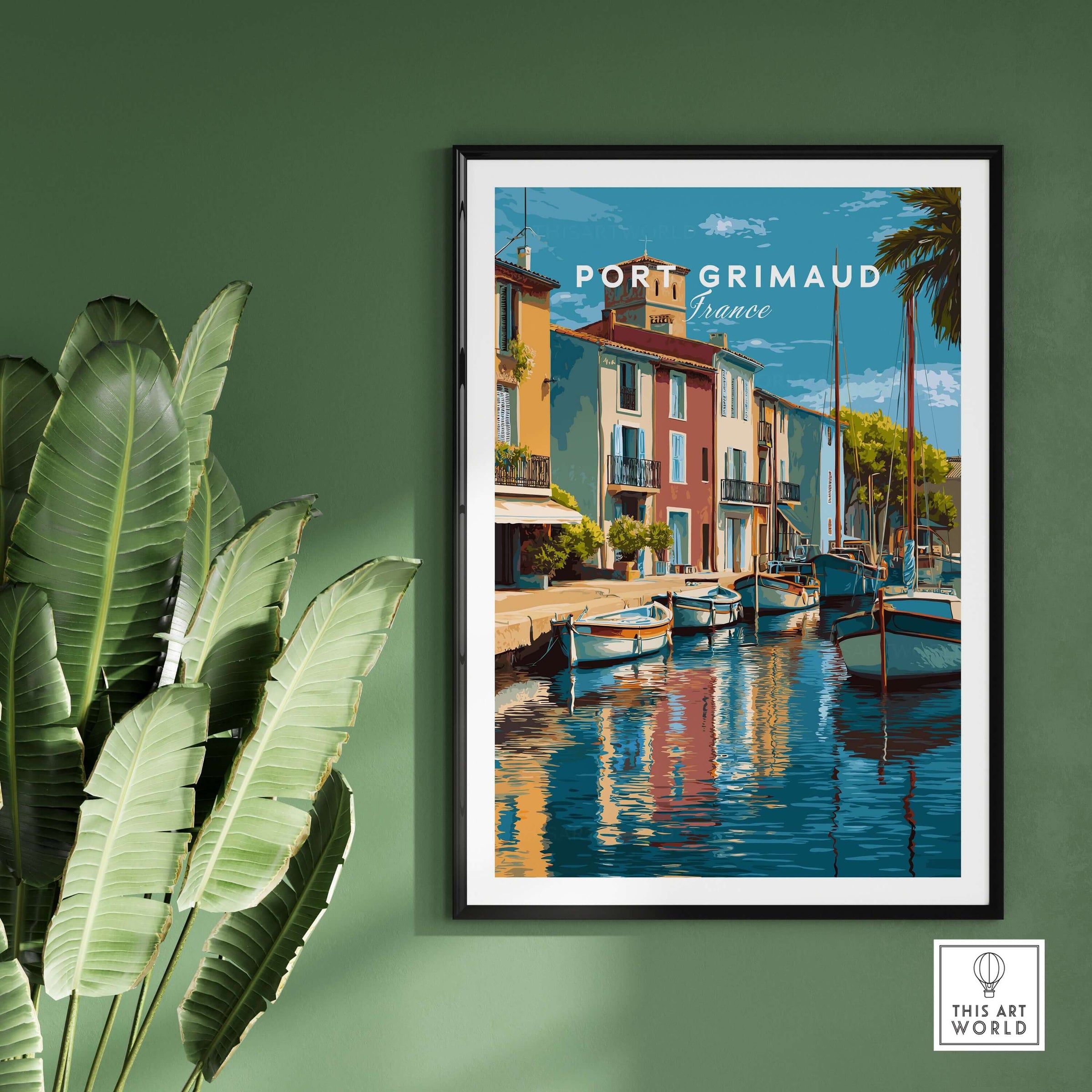 Port Grimaud Village Art Print - French Coastal Poster - Water Reflection Wall Decor showcasing vibrant water reflections.
