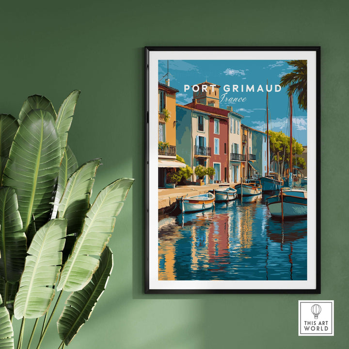 Port Grimaud village art print showcasing colorful buildings and water reflections, perfect coastal wall decor.