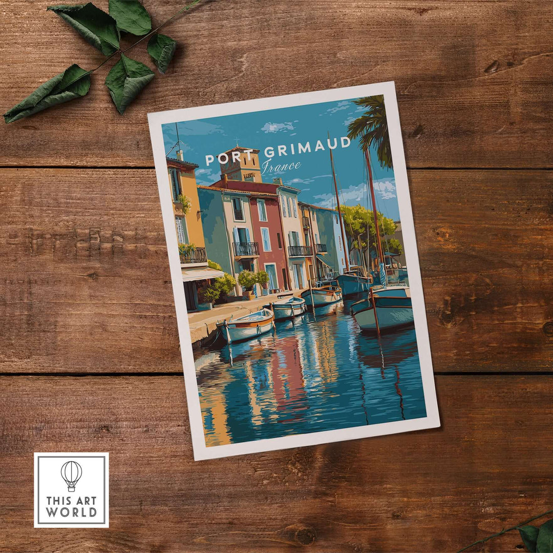 Port Grimaud Village art print featuring colorful buildings and water reflections, ideal for coastal-themed decor.