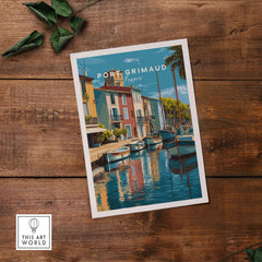 Port Grimaud Village Art Print - French Coastal Poster - Water Reflection Wall Decor showcasing serene waterfront views.