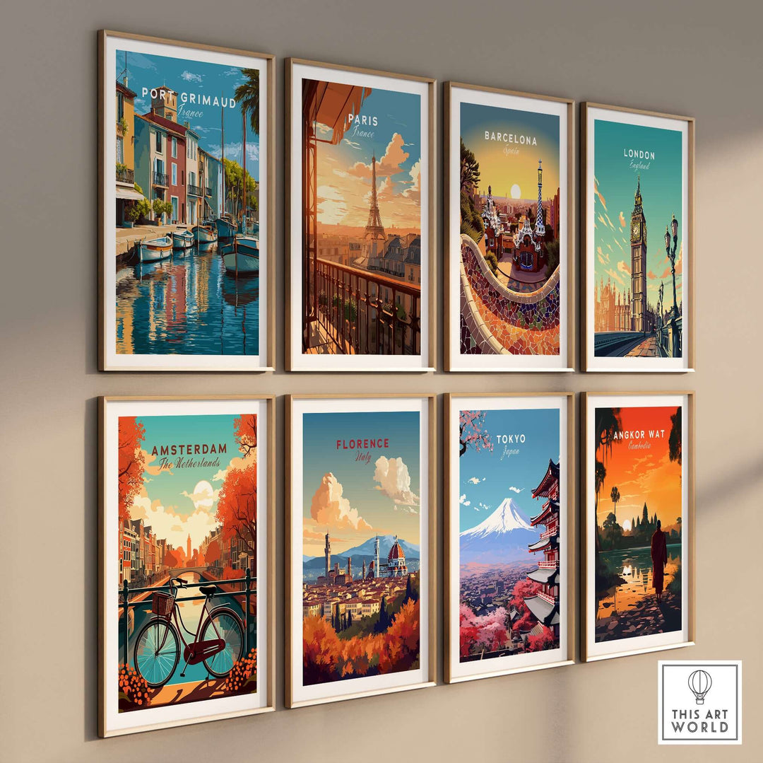 Collection of vibrant art prints featuring landmarks from Port Grimaud, Paris, Barcelona, London, Amsterdam, Florence, Tokyo, and Angkor Wat.