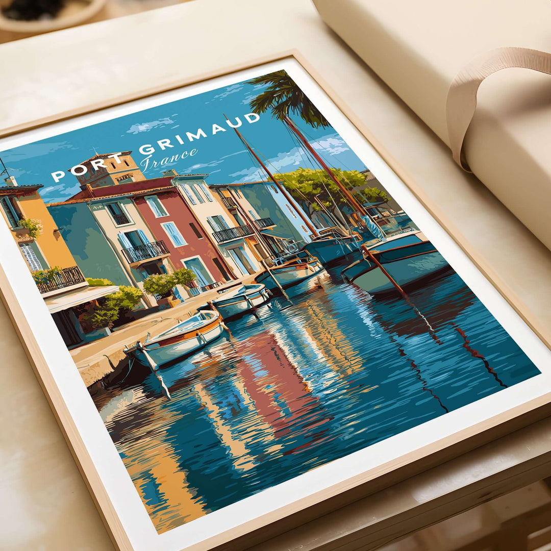 Port Grimaud village art print showcasing colorful buildings and serene water reflections, perfect for coastal home decor.