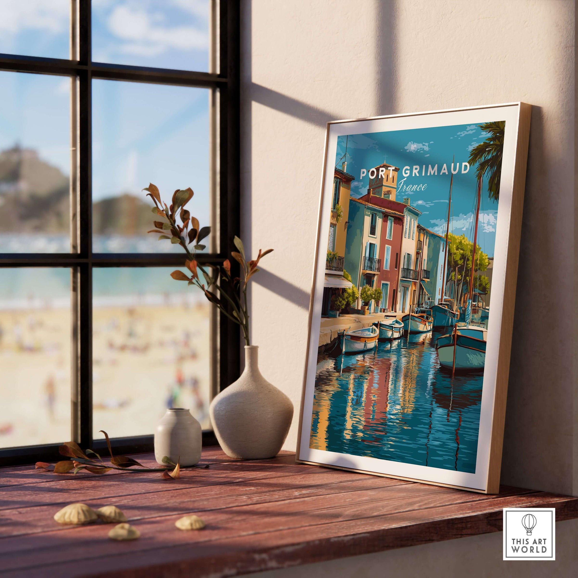 Port Grimaud Village Art Print - French Coastal Poster - Water Reflection Wall Decor displayed in a bright room by the window.
