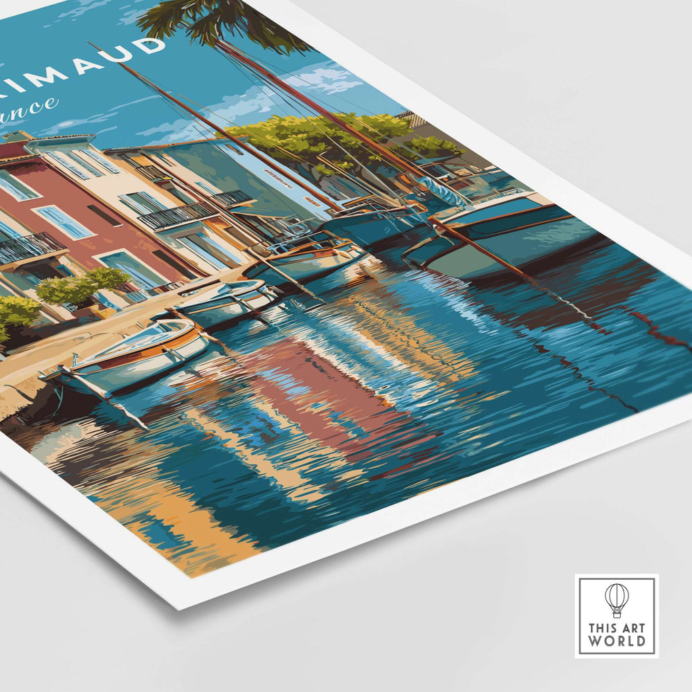 Port Grimaud village art print featuring colorful boats and reflections on water, perfect for coastal decor.
