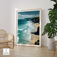 Porthtowan Cornwall Wall Art Print | Atlantic Coastline Beach Travel Poster displayed in a modern interior setting.