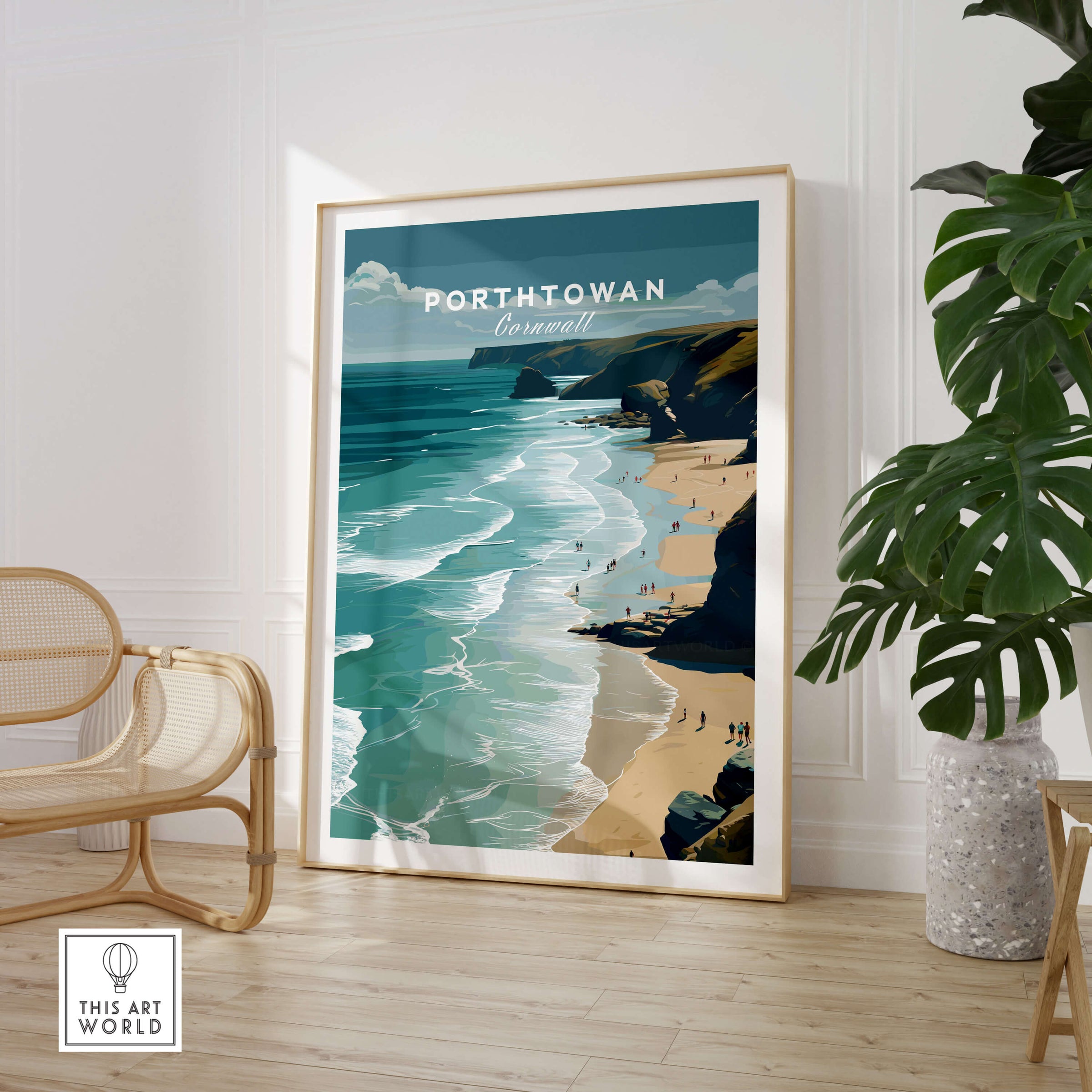 Porthtowan Cornwall Wall Art Print | Atlantic Coastline Beach Travel Poster displayed in a modern interior setting.