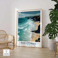Porthtowan Cornwall Poster | British Seaside Cliff Landscape Canvas Print displayed in a bright living space.